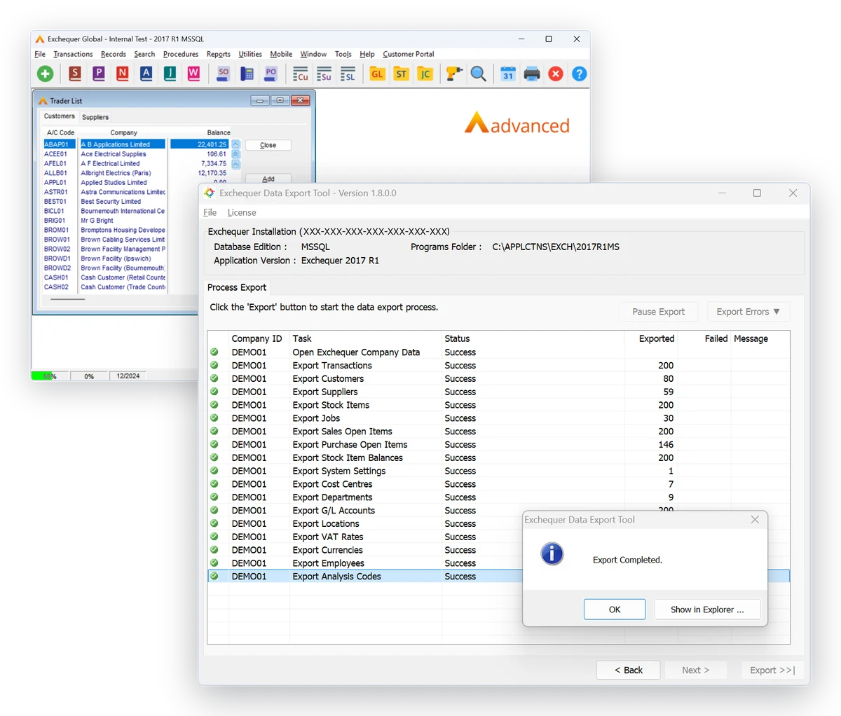 The Exchequer Data Export Tool open in front of Exchequer, showing a completed export